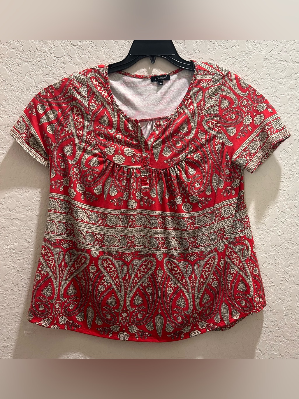 A.Jesdani Women’s Shirt, Short Sleeve, Dark Red Paisleys, Large